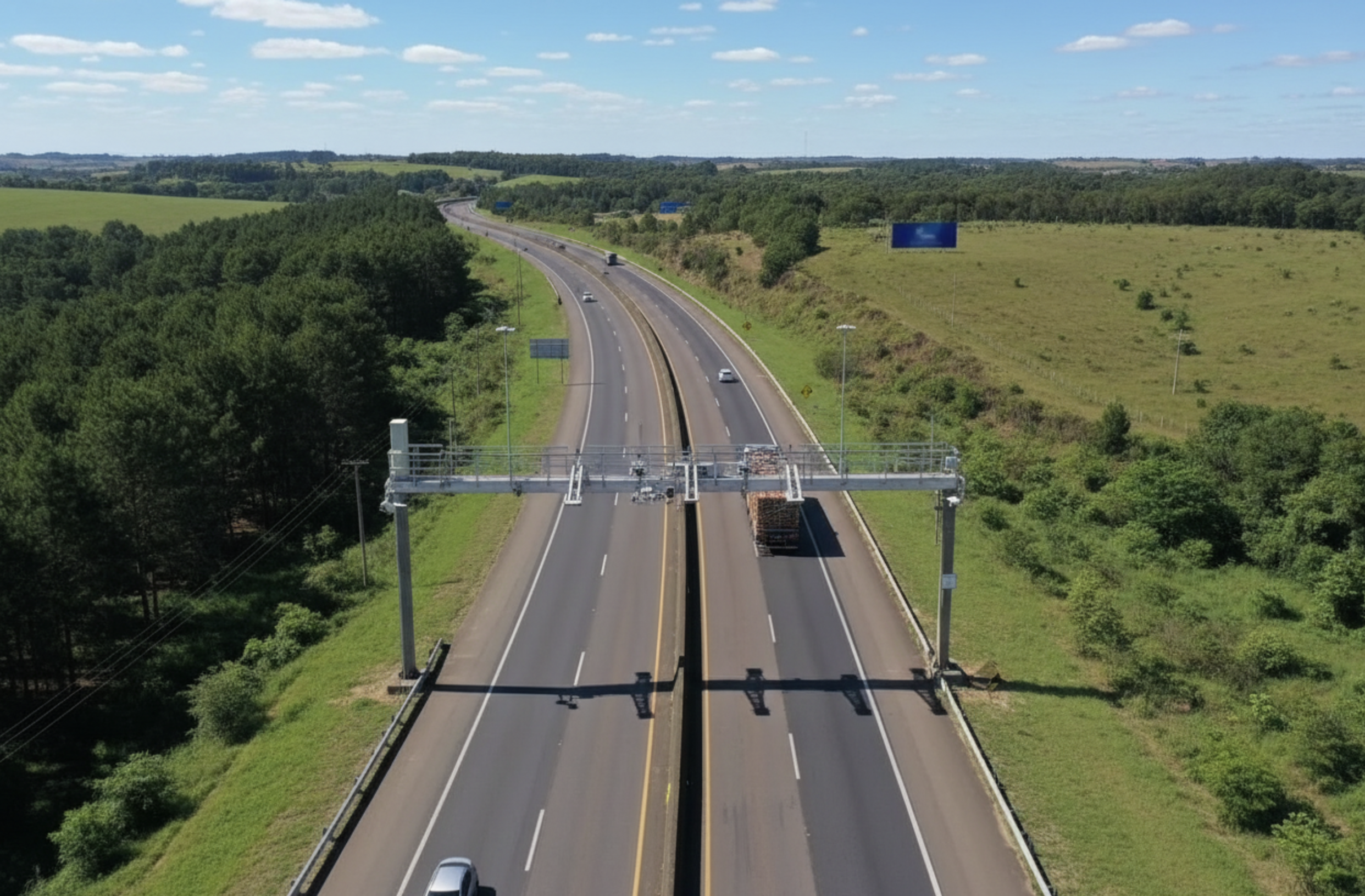 Pórtico de pedágio Free Flow sobre rodovia em área rural, ilustrando tecnologia sem cancelas usada pela ConectCar para agilizar viagens.