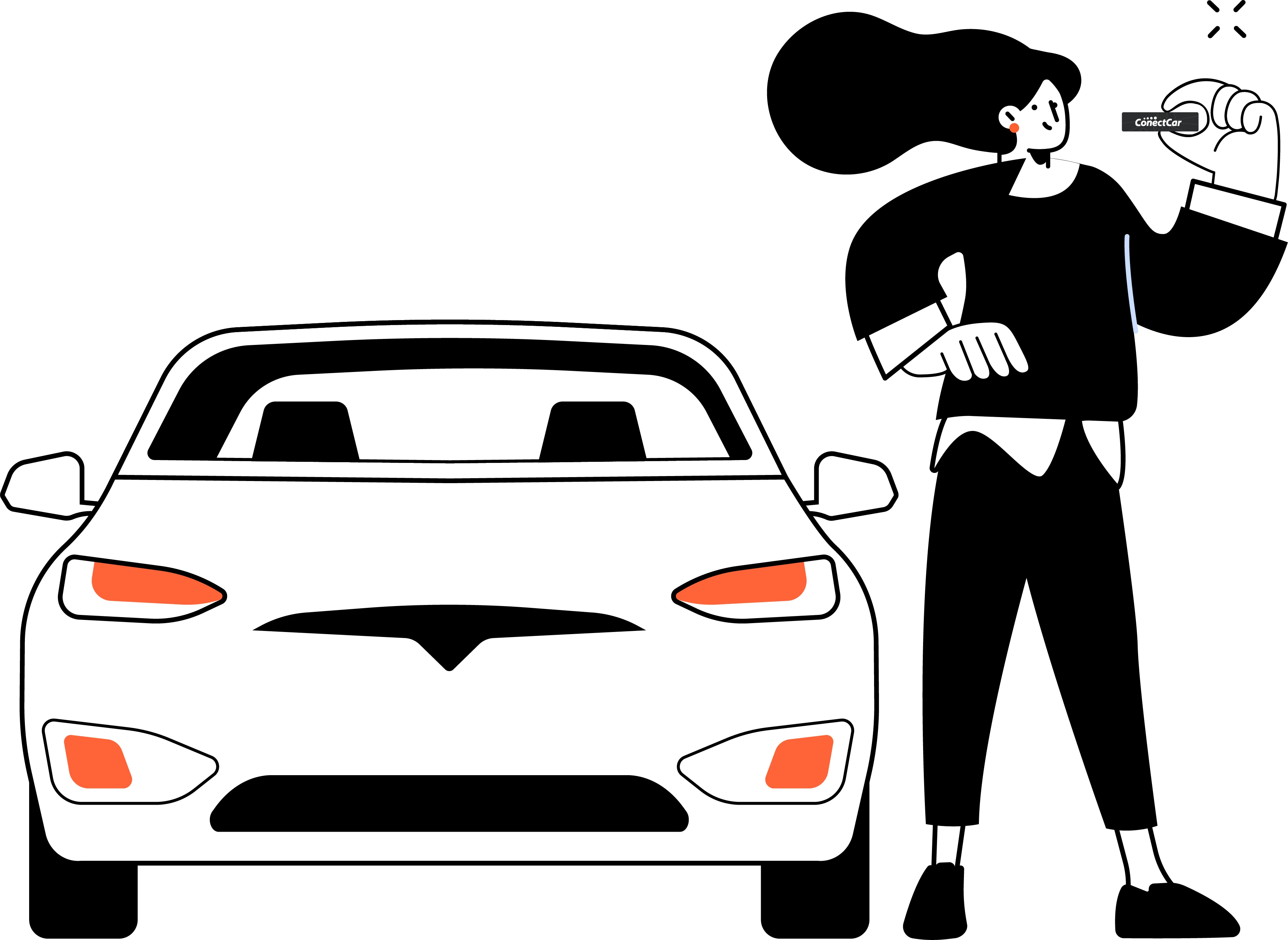Carro visto de frente e pessoa usando o celular